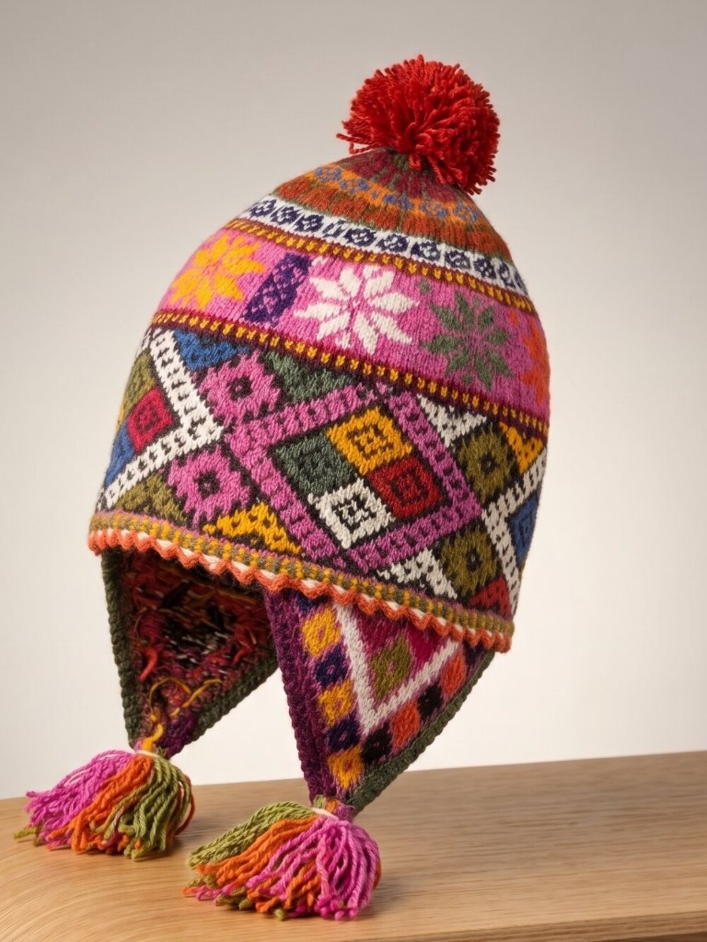 Traditional Andean Sheep's Wool Chullo Hat – Geometric Design